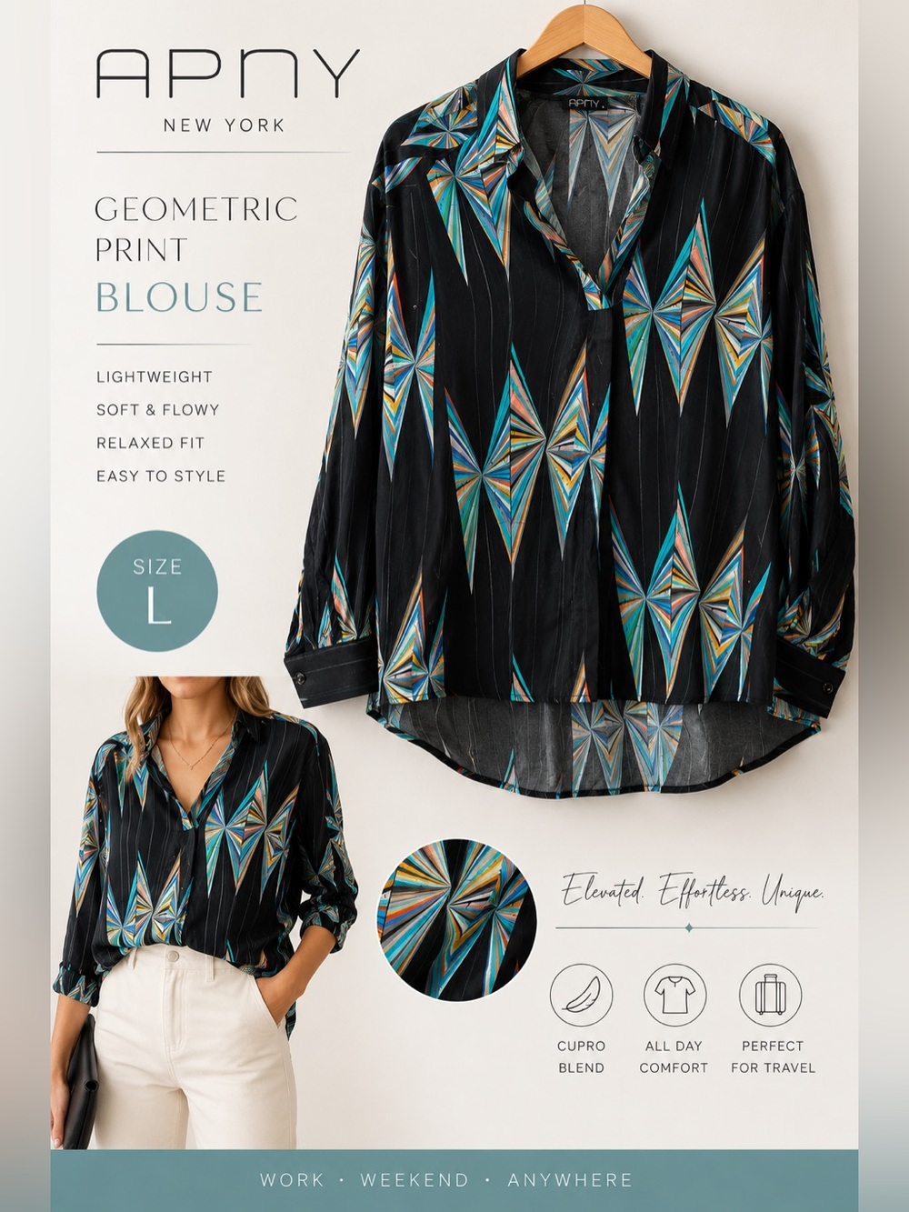 APNY New York Large Geometric Print Cupro Blouse Women’s Black Colorful